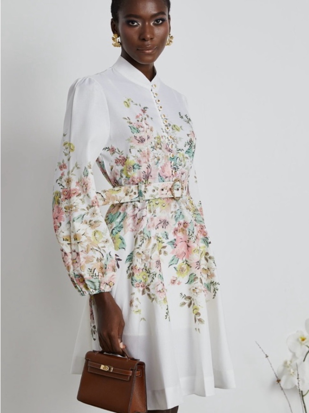 White Floral Belted Long-Sleeve Midi Dress